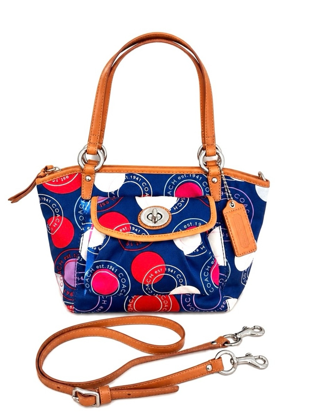 Coach Penelope Navy Multicolor Mini with Circle Print Shoulder Bag-Leather Strap